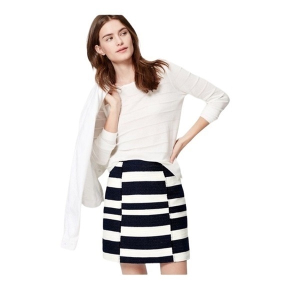 LOFT Dresses & Skirts - Loft Striped Illusion shift skirt navy blue and white fringe detail size 14 NWT
